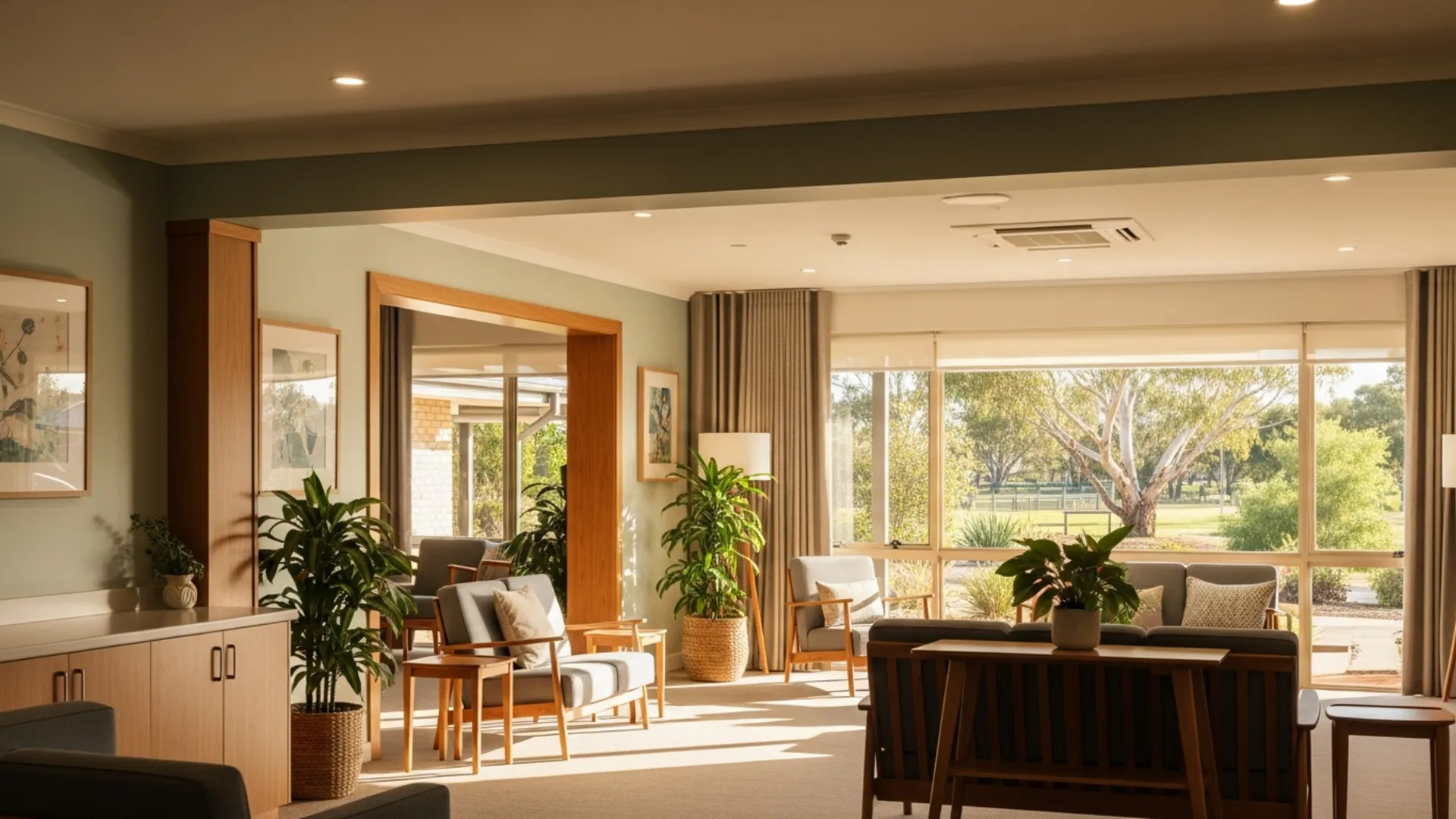 Warm sunlit lounge interior at a residential aged-care facility, with garden visible through the windows